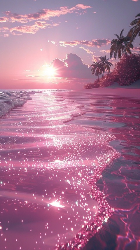 Beautiful beach Aesthetic with palm trees, sparkling water, pink and purple sky, sunset, sparkling glitter on the sand (107)