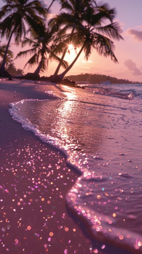 Beautiful beach Aesthetic with palm trees, sparkling water, pink and purple sky, sunset, sparkling glitter on the sand (123)
