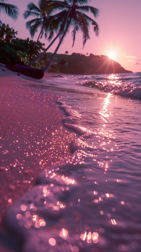 Beautiful beach Aesthetic with palm trees, sparkling water, pink and purple sky, sunset, sparkling glitter on the sand (137)