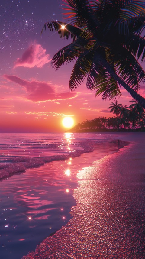 Beautiful beach Aesthetic with palm trees, sparkling water, pink and purple sky, sunset, sparkling glitter on the sand (115)