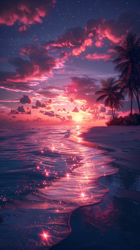 Beautiful beach Aesthetic with palm trees, sparkling water, pink and purple sky, sunset, sparkling glitter on the sand (142)