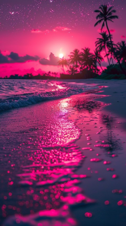 Beautiful beach Aesthetic with palm trees, sparkling water, pink and purple sky, sunset, sparkling glitter on the sand (102)