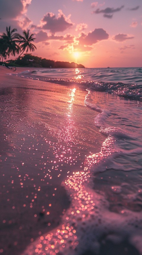 Beautiful beach Aesthetic with palm trees, sparkling water, pink and purple sky, sunset, sparkling glitter on the sand (111)