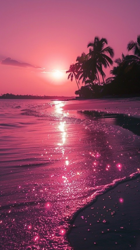 Beautiful beach Aesthetic with palm trees, sparkling water, pink and purple sky, sunset, sparkling glitter on the sand (151)