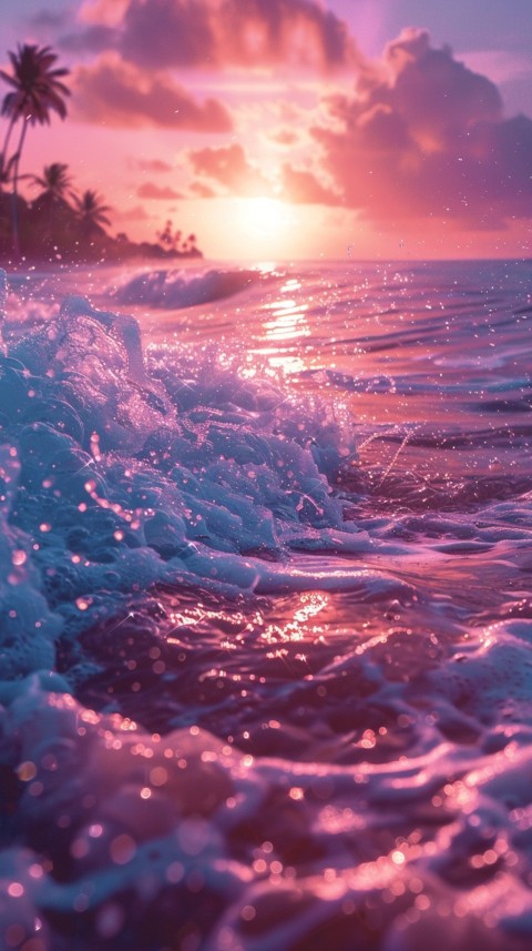 Beautiful beach Aesthetic with palm trees, sparkling water, pink and purple sky, sunset, sparkling glitter on the sand (162)