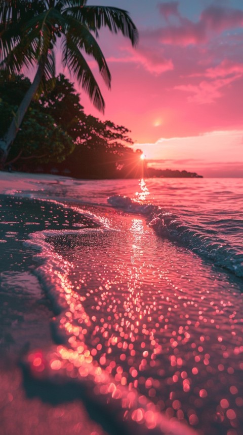Beautiful beach Aesthetic with palm trees, sparkling water, pink and purple sky, sunset, sparkling glitter on the sand (192)