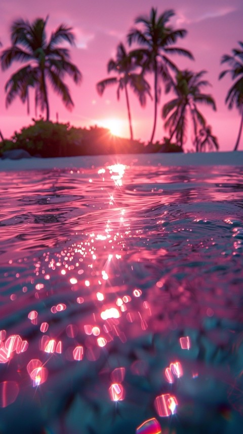 Beautiful beach Aesthetic with palm trees, sparkling water, pink and purple sky, sunset, sparkling glitter on the sand (180)
