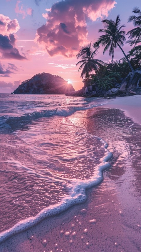 Beautiful beach Aesthetic with palm trees, sparkling water, pink and purple sky, sunset, sparkling glitter on the sand (174)