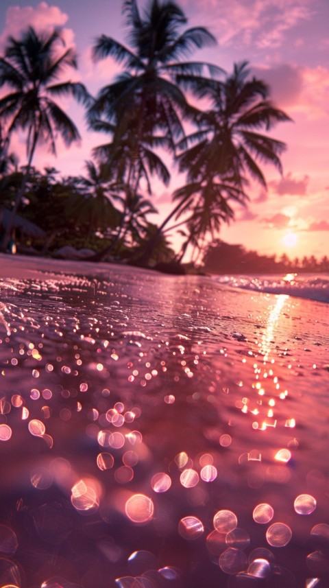 Beautiful beach Aesthetic with palm trees, sparkling water, pink and purple sky, sunset, sparkling glitter on the sand (155)