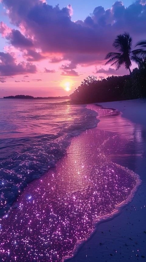 Beautiful beach Aesthetic with palm trees, sparkling water, pink and purple sky, sunset, sparkling glitter on the sand (190)