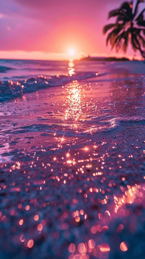 Beautiful beach Aesthetic with palm trees, sparkling water, pink and purple sky, sunset, sparkling glitter on the sand (172)