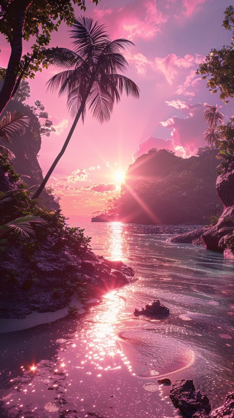 Beautiful beach Aesthetic with palm trees, sparkling water, pink and purple sky, sunset, sparkling glitter on the sand (167)