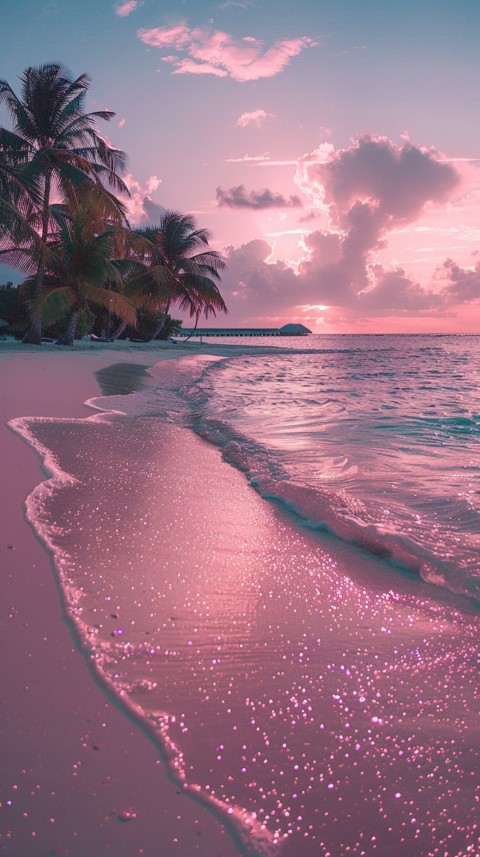 Beautiful beach Aesthetic with palm trees, sparkling water, pink and purple sky, sunset, sparkling glitter on the sand (154)