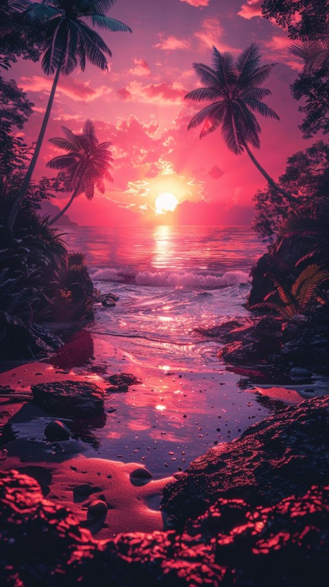 Beautiful beach Aesthetic with palm trees, sparkling water, pink and purple sky, sunset, sparkling glitter on the sand (182)