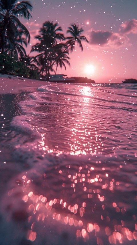 Beautiful beach Aesthetic with palm trees, sparkling water, pink and purple sky, sunset, sparkling glitter on the sand (177)