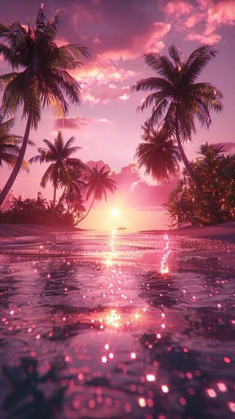 Beautiful beach Aesthetic with palm trees, sparkling water, pink and purple sky, sunset, sparkling glitter on the sand (197)