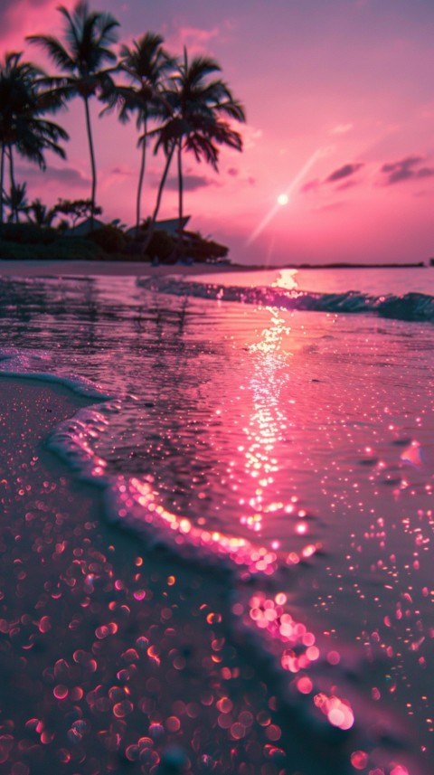 Beautiful beach Aesthetic with palm trees, sparkling water, pink and purple sky, sunset, sparkling glitter on the sand (200)