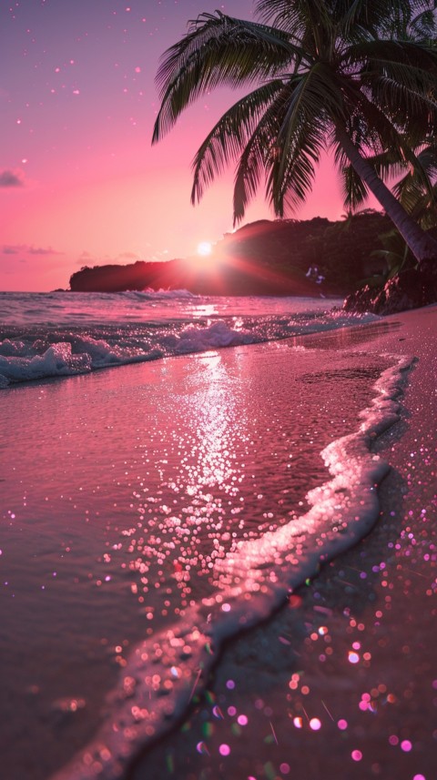 Beautiful beach Aesthetic with palm trees, sparkling water, pink and purple sky, sunset, sparkling glitter on the sand (164)