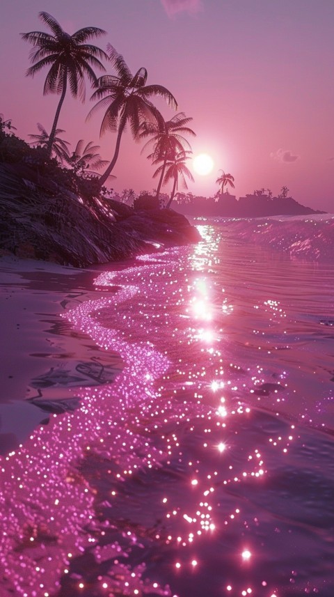 Beautiful beach Aesthetic with palm trees, sparkling water, pink and purple sky, sunset, sparkling glitter on the sand (173)
