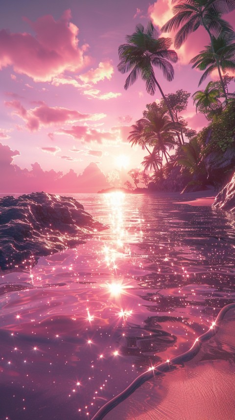 Beautiful beach Aesthetic with palm trees, sparkling water, pink and purple sky, sunset, sparkling glitter on the sand (178)