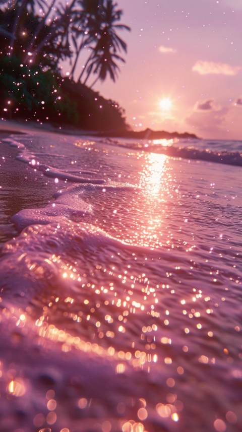 Beautiful beach Aesthetic with palm trees, sparkling water, pink and purple sky, sunset, sparkling glitter on the sand (219)