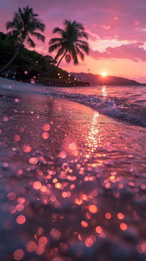 Beautiful beach Aesthetic with palm trees, sparkling water, pink and purple sky, sunset, sparkling glitter on the sand (203)
