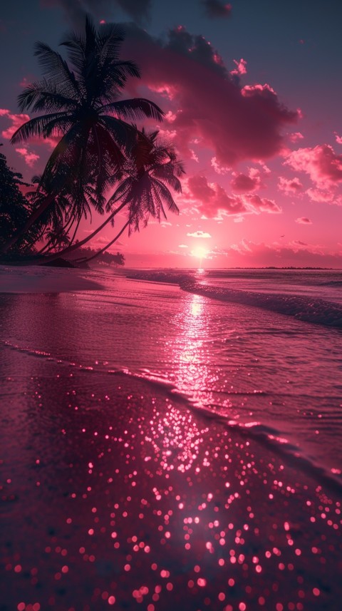 Beautiful beach Aesthetic with palm trees, sparkling water, pink and purple sky, sunset, sparkling glitter on the sand (220)