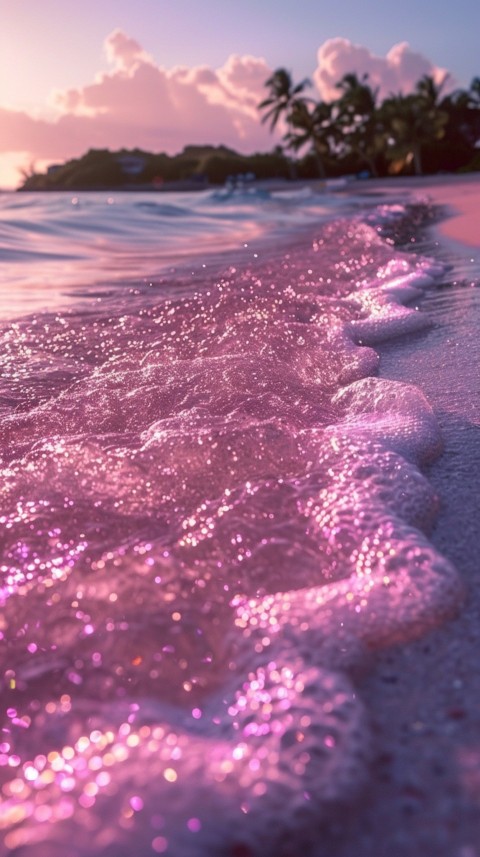Beautiful beach Aesthetic with palm trees, sparkling water, pink and purple sky, sunset, sparkling glitter on the sand (211)