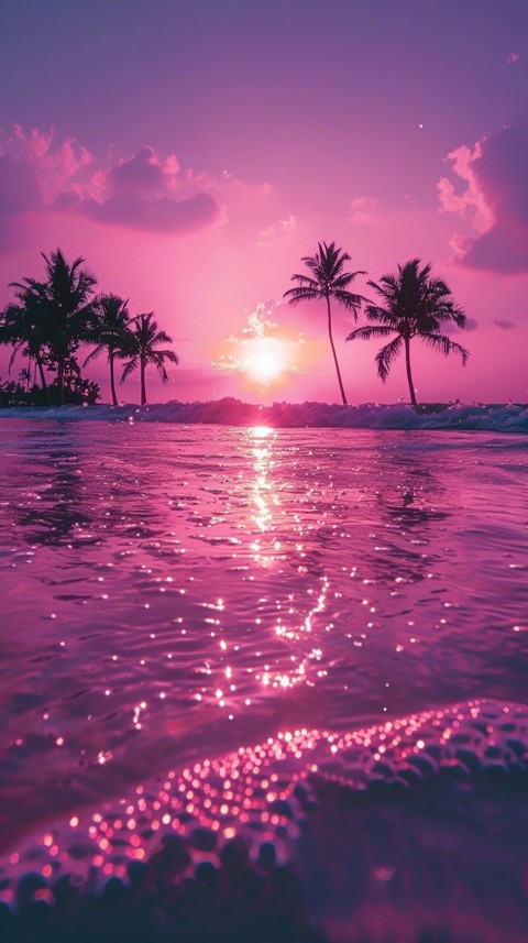 Beautiful beach Aesthetic with palm trees, sparkling water, pink and purple sky, sunset, sparkling glitter on the sand (214)