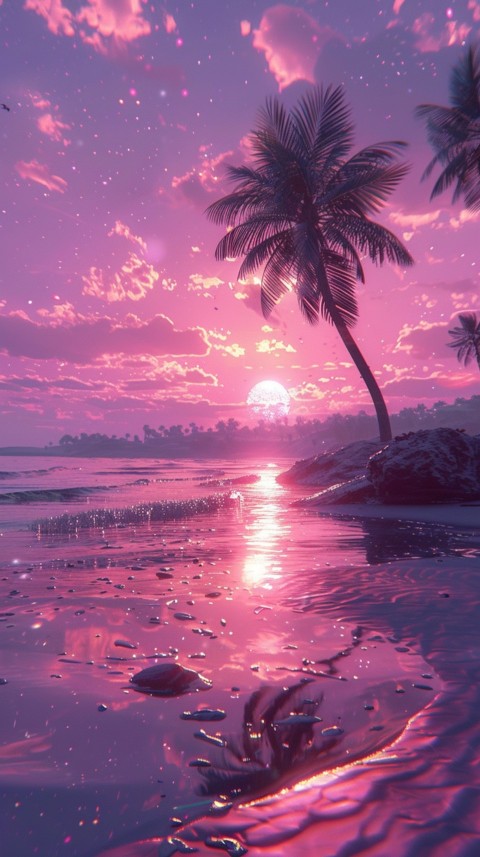 Beautiful beach Aesthetic with palm trees, sparkling water, pink and purple sky, sunset, sparkling glitter on the sand (205)