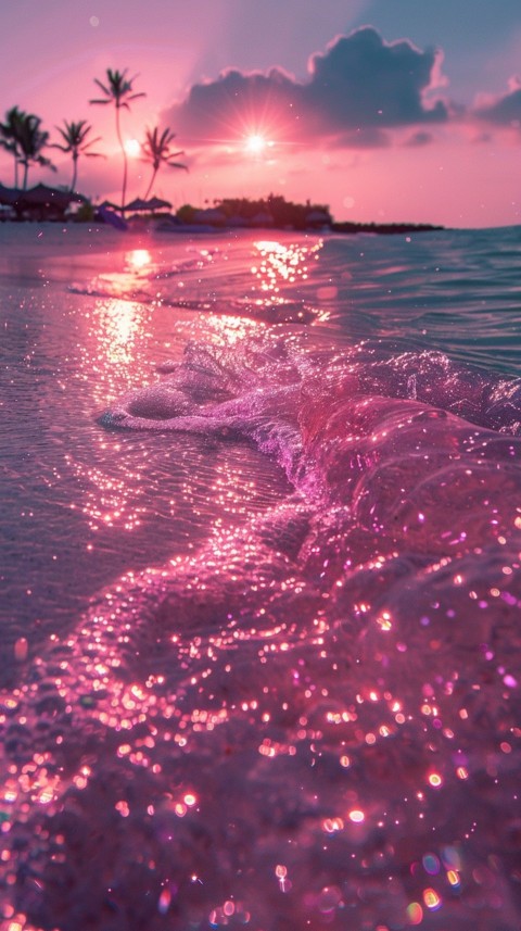 Beautiful beach Aesthetic with palm trees, sparkling water, pink and purple sky, sunset, sparkling glitter on the sand (239)