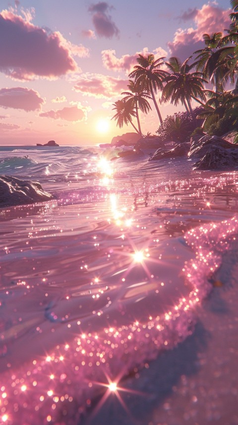 Beautiful beach Aesthetic with palm trees, sparkling water, pink and purple sky, sunset, sparkling glitter on the sand (201)