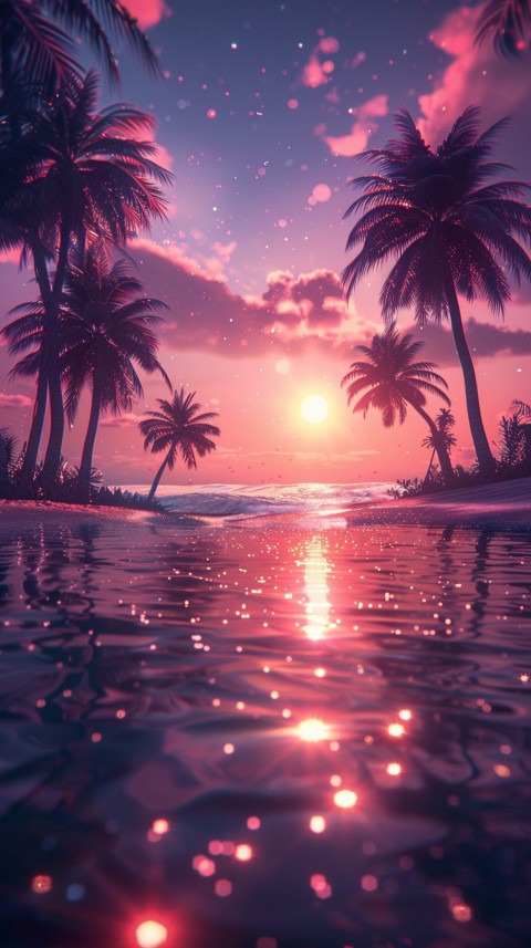 Beautiful beach Aesthetic with palm trees, sparkling water, pink and purple sky, sunset, sparkling glitter on the sand (233)
