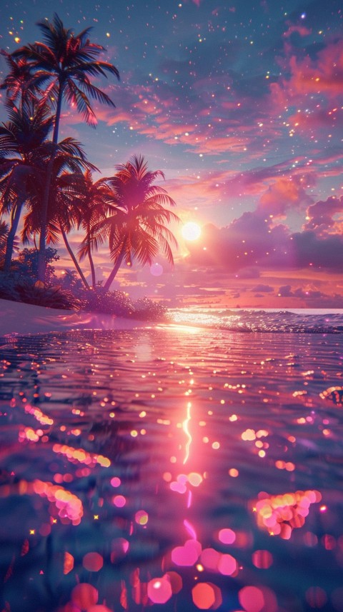 Beautiful beach Aesthetic with palm trees, sparkling water, pink and purple sky, sunset, sparkling glitter on the sand (210)