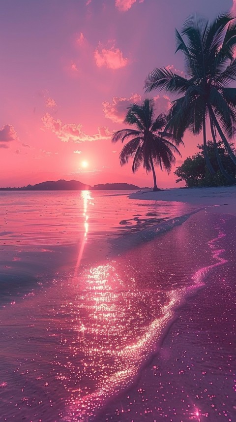 Beautiful beach Aesthetic with palm trees, sparkling water, pink and purple sky, sunset, sparkling glitter on the sand (247)