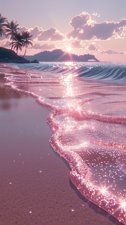 Beautiful beach Aesthetic with palm trees, sparkling water, pink and purple sky, sunset, sparkling glitter on the sand (243)