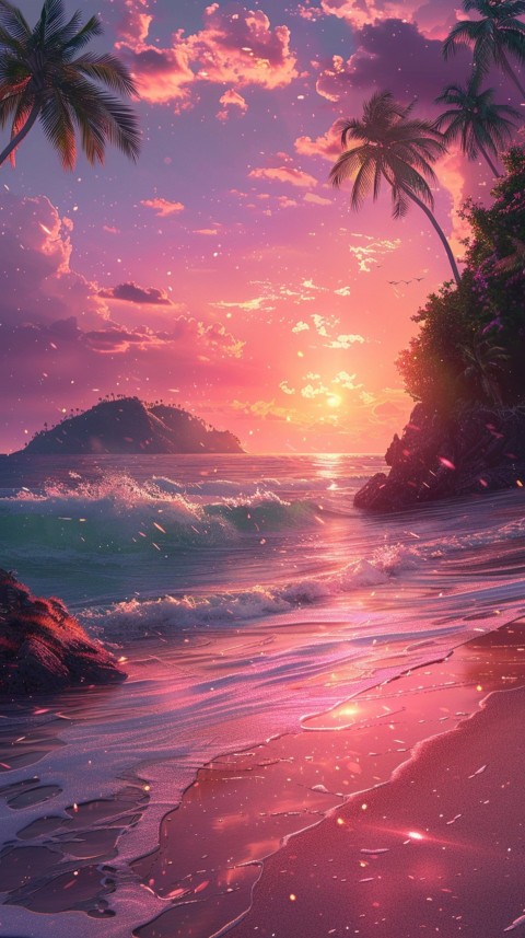 Beautiful beach Aesthetic with palm trees, sparkling water, pink and purple sky, sunset, sparkling glitter on the sand (230)