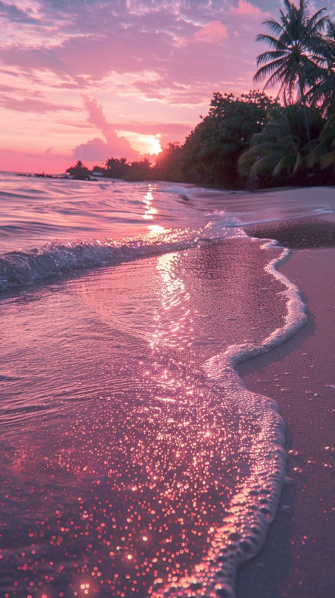 Beautiful beach Aesthetic with palm trees, sparkling water, pink and purple sky, sunset, sparkling glitter on the sand (231)