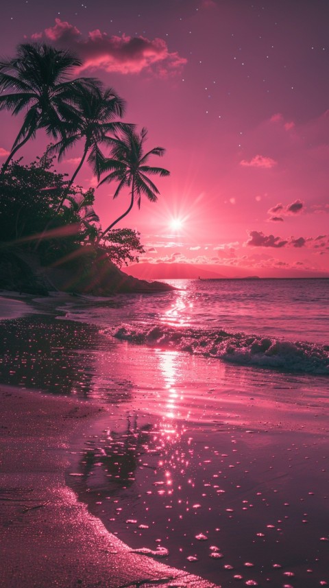 Beautiful beach Aesthetic with palm trees, sparkling water, pink and purple sky, sunset, sparkling glitter on the sand (241)