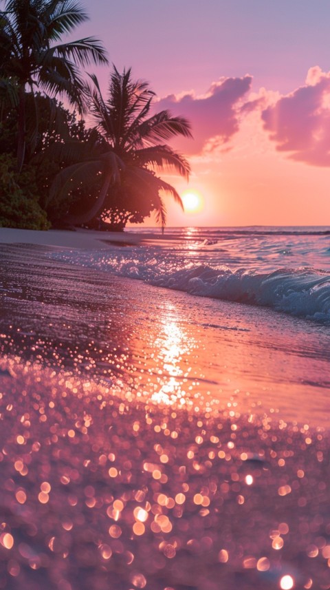 Beautiful beach Aesthetic with palm trees, sparkling water, pink and purple sky, sunset, sparkling glitter on the sand (217)