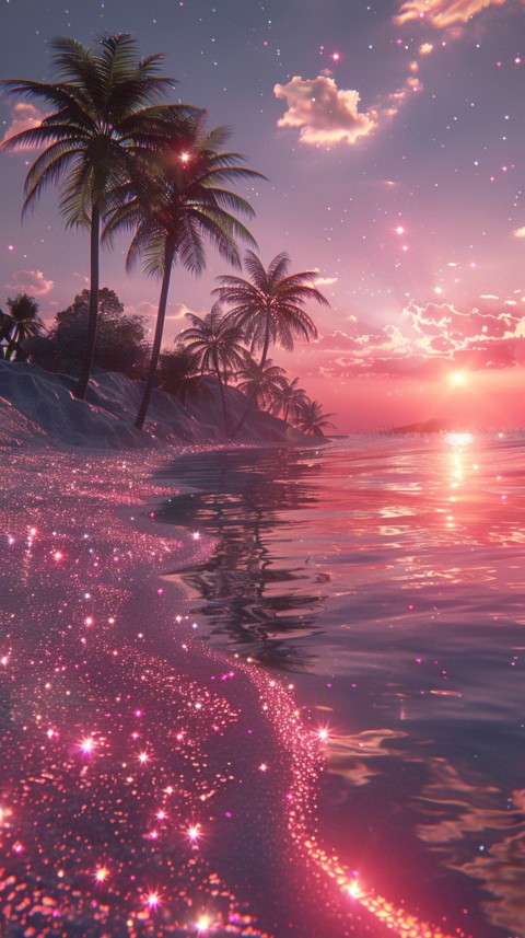 Beautiful beach Aesthetic with palm trees, sparkling water, pink and purple sky, sunset, sparkling glitter on the sand (240)