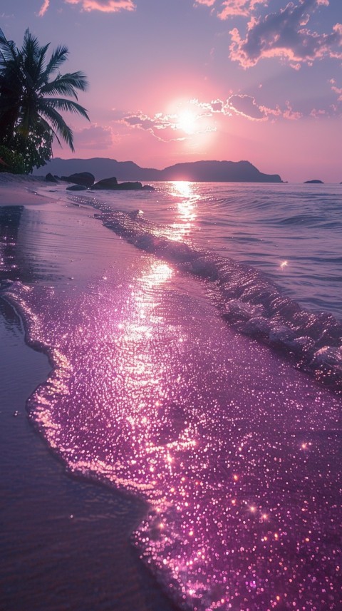 Beautiful beach Aesthetic with palm trees, sparkling water, pink and purple sky, sunset, sparkling glitter on the sand (232)