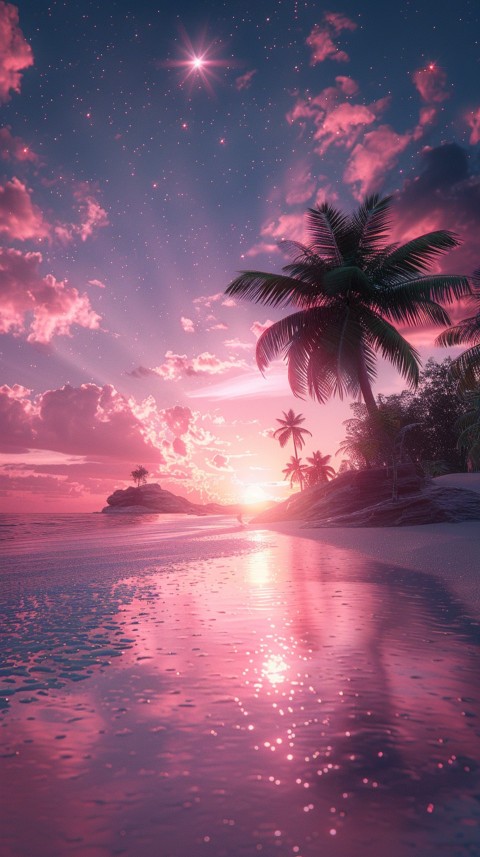 Beautiful beach Aesthetic with palm trees, sparkling water, pink and purple sky, sunset, sparkling glitter on the sand (235)