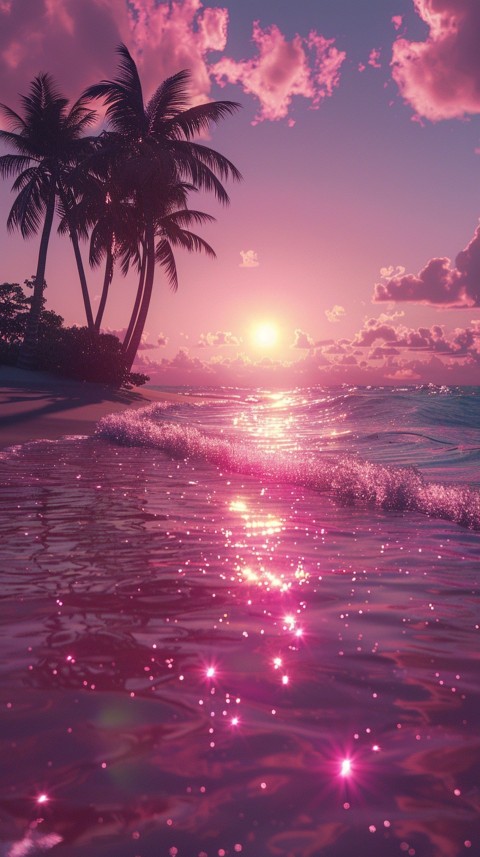 Beautiful beach Aesthetic with palm trees, sparkling water, pink and purple sky, sunset, sparkling glitter on the sand (224)