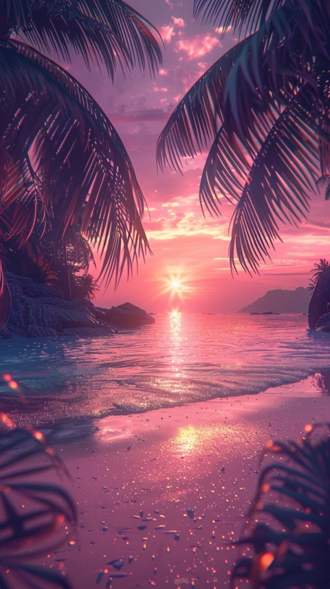 Beautiful beach Aesthetic with palm trees, sparkling water, pink and purple sky, sunset, sparkling glitter on the sand (225)