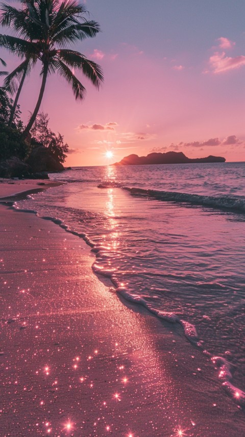 Beautiful beach Aesthetic with palm trees, sparkling water, pink and purple sky, sunset, sparkling glitter on the sand (237)