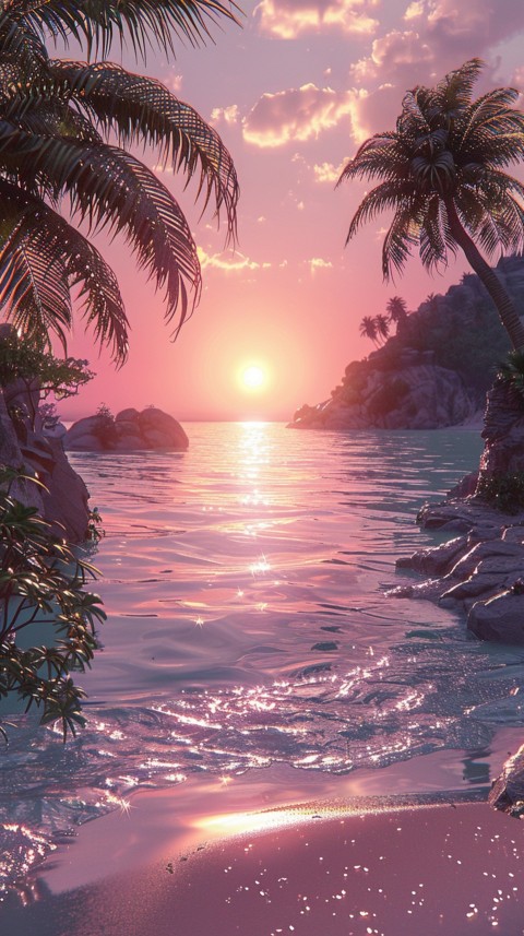 Beautiful beach Aesthetic with palm trees, sparkling water, pink and purple sky, sunset, sparkling glitter on the sand (216)