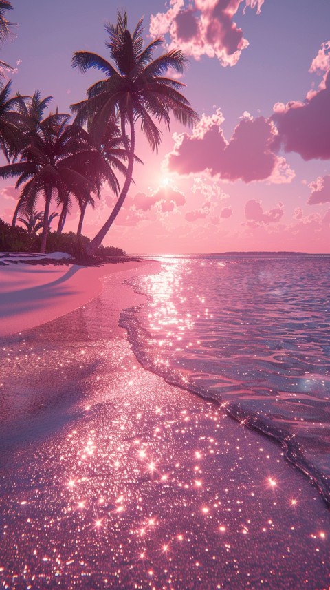 Beautiful beach Aesthetic with palm trees, sparkling water, pink and purple sky, sunset, sparkling glitter on the sand (213)