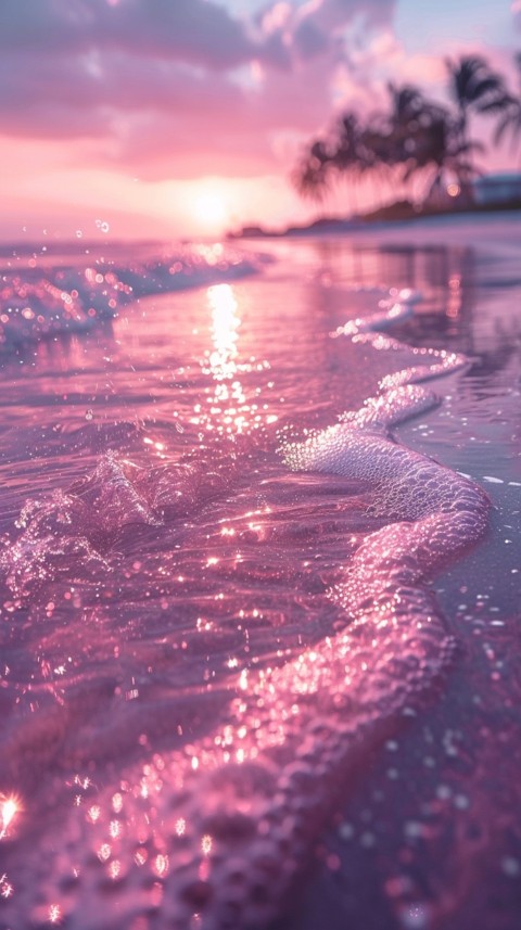 Beautiful beach Aesthetic with palm trees, sparkling water, pink and purple sky, sunset, sparkling glitter on the sand (262)