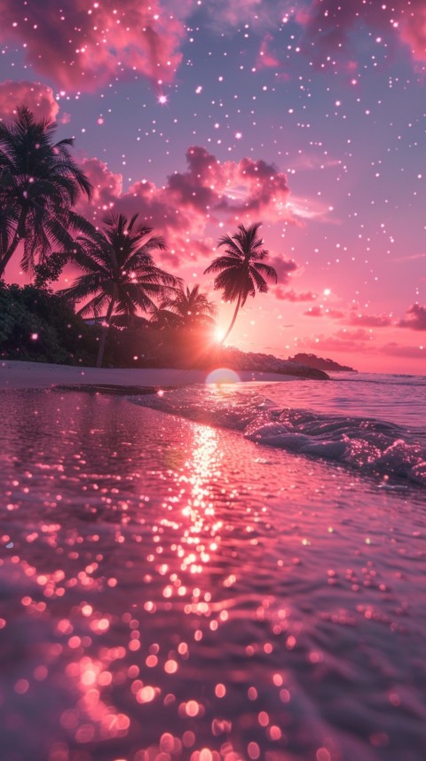 Beautiful beach Aesthetic with palm trees, sparkling water, pink and purple sky, sunset, sparkling glitter on the sand (282)